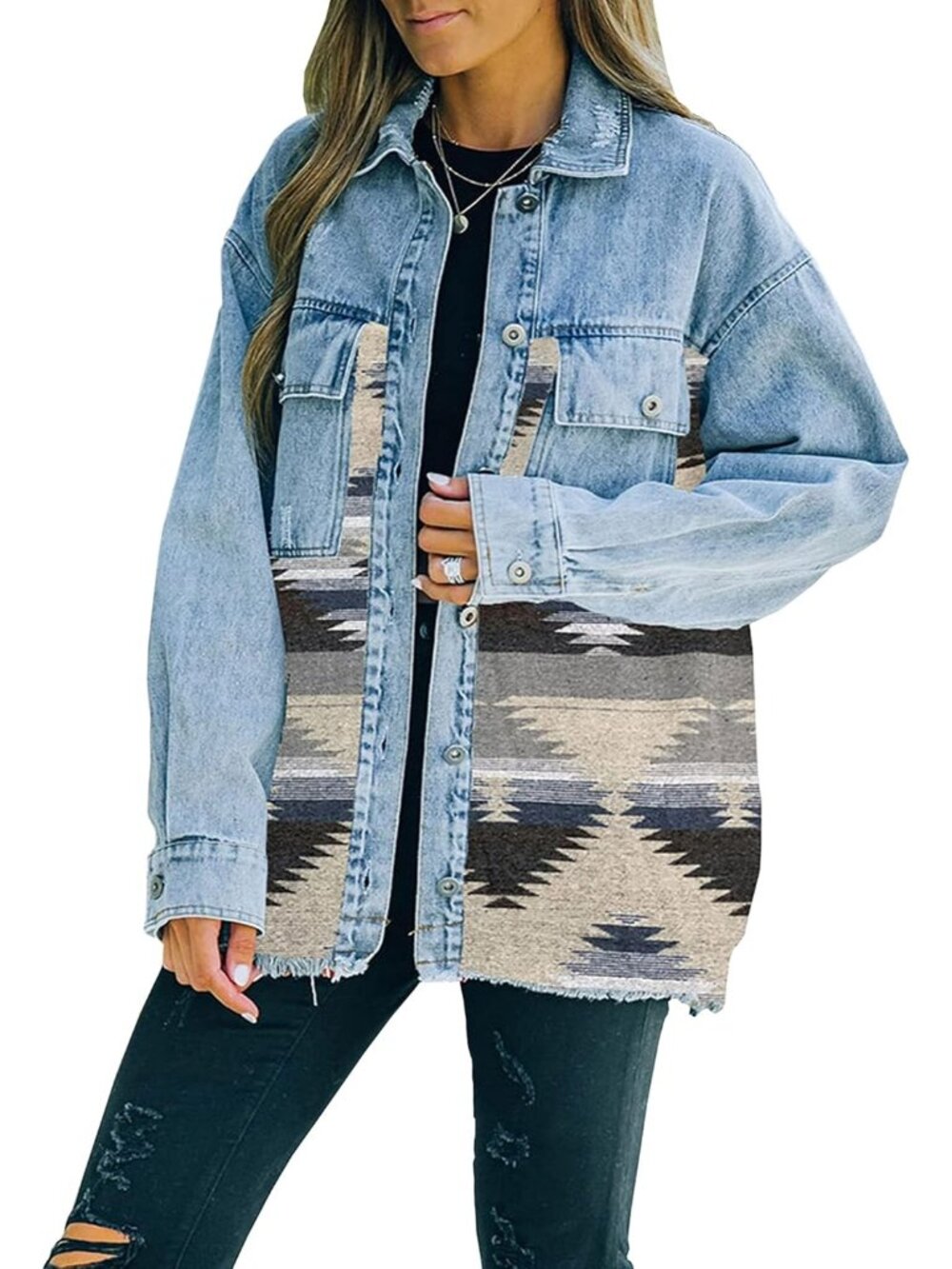 〽️Grey Beige Women's Aztec Denim Shacket Distressed Vintage Jean Jacket
